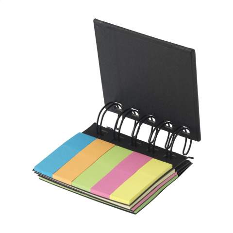 Block with approx. 75 self-adhesive memo sheets and 125 writable marking stickers in different colours. Cover made of recycled cardboard. Bound in eye-catching, metal wire-o-binding.