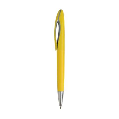 Blue ink ballpoint pen with a stylish clip with a striking, grey coloured accent and twist mechanism.