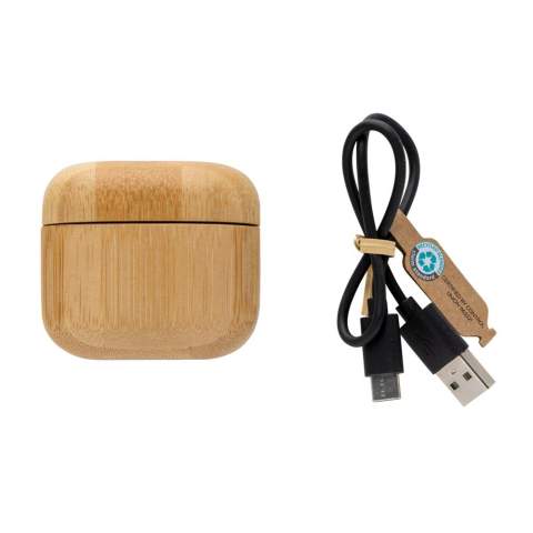 Bamboo true wireless oordopjes en hoesje. De oordopjes en het laadhoesje zijn gemaakt van RCS (Recycled Claim Standard) gecertificeerd gerecycled ABS en FSC® 100% bamboe. Totale gerecyclede inhoud: 28% op basis van het totale gewicht van het artikel. RCS-certificering zorgt voor een volledig gecertificeerde toeleveringsketen van de gerecyclede materialen. De perfect passende oordopjes hebben een batterij van 40 mAh en kunnen binnen 1 uur worden opgeladen in het laadhoesje van 400 mAh. Met automatische koppelingsfunctie, dus gemakkelijk te koppelen aan uw mobiele apparaat. Speeltijd op gemiddeld volume ongeveer 14 uur. Met BT 5.3 voor optimale verbinding. Bedieningsafstand tot 10 meter. Met pick-up en microfoon. Inclusief 3 maten siliconen oortips. Inclusief RCS-gecertificeerde gerecyclede TPE-oplaadkabel. Verpakt in FSC® mix kraftverpakking. Artikel en accessoires 100% PVC-vrij.<br /><br />HasBluetooth: True<br />PVC free: true