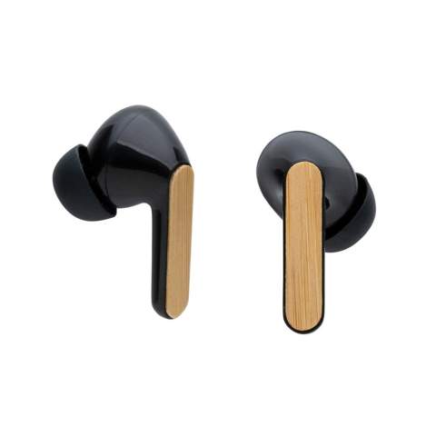 Bamboo true wireless oordopjes en hoesje. De oordopjes en het laadhoesje zijn gemaakt van RCS (Recycled Claim Standard) gecertificeerd gerecycled ABS en FSC® 100% bamboe. Totale gerecyclede inhoud: 28% op basis van het totale gewicht van het artikel. RCS-certificering zorgt voor een volledig gecertificeerde toeleveringsketen van de gerecyclede materialen. De perfect passende oordopjes hebben een batterij van 40 mAh en kunnen binnen 1 uur worden opgeladen in het laadhoesje van 400 mAh. Met automatische koppelingsfunctie, dus gemakkelijk te koppelen aan uw mobiele apparaat. Speeltijd op gemiddeld volume ongeveer 14 uur. Met BT 5.3 voor optimale verbinding. Bedieningsafstand tot 10 meter. Met pick-up en microfoon. Inclusief 3 maten siliconen oortips. Inclusief RCS-gecertificeerde gerecyclede TPE-oplaadkabel. Verpakt in FSC® mix kraftverpakking. Artikel en accessoires 100% PVC-vrij.<br /><br />HasBluetooth: True<br />PVC free: true