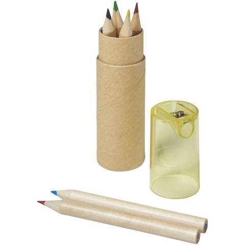 6 coloured pencils in cardboard cylinder box with sharpener in plastic lid. Decoration not available on components.