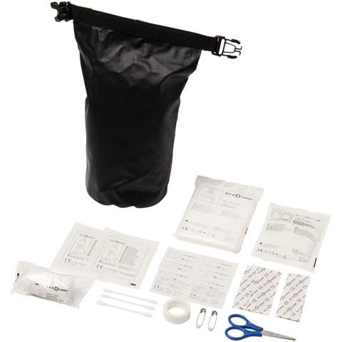 Strong and durable tarpaulin waterproof bag with 30 pieces of first aid supplies. The kit contains a pair of scissors (9 cm), 1 elastic bandage (4 metre x 6 cm), 2 dry swabs (5x5 cm), 6 skin cleansing swabs, 1 triangular bandage (136x96x96 cm), 1 adhesive tape (1.25 cm x 5 metre), 1 pair of gloves (5.5 g), 3 cotton pins (8 cm), 2 safety pins (3.6 cm), and 12 plasters (7.2x1.9 cm). The roll-top closure with plastic buckle ensures that the content is kept dry and safe. Great for watersport and other outdoor activities. First aid kits will help you to perform a simple wound treatment in order to reduce the secondary injuries. A first aid kit is regarded as a medical device and is governed by 93/42/EEC, based on the intended use: “diagnosis, prevention, monitoring, treatment or alleviation of disease”. This medical device belong to CLASS I, Is.
