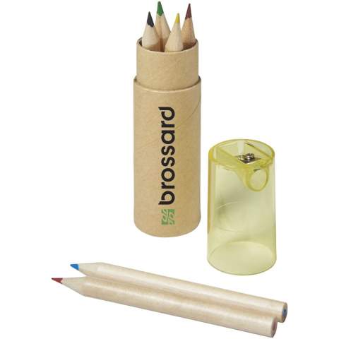 6 coloured pencils in cardboard cylinder box with sharpener in plastic lid. Decoration not available on components.