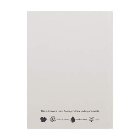 WoW! Notebook in A5 format. With approx. 100 sheets/200 pages of lined paper (80 g/m²). The softcover consists of 15% agricultural and organic waste such as tomatoes, peppers, plants and onions. This waste is mixed with recycled paper from Europe. A handy notebook for taking notes and writing down ideas.
