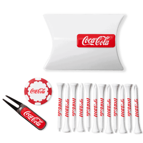 transparenter Pillowpack inkl. 12 Tees 70mm, Metall Pitchgabel und Pokerchip Ballmarker. Verschiedene Farbkombinationen möglich
