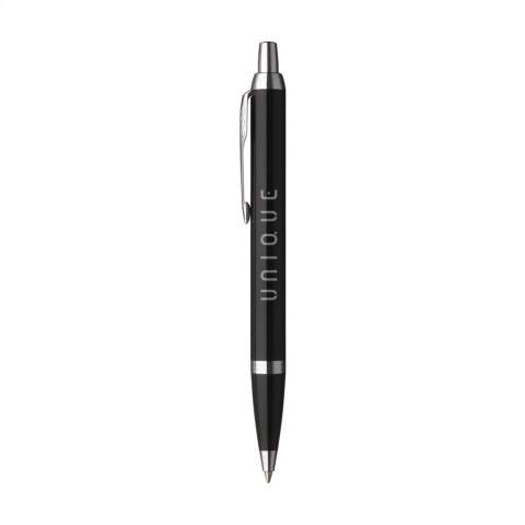 Blue ink ballpoint pen by Parker with a sleek, tapered shape and exclusive design. The brass barrel, combined with a black plastic front section and high-gloss stainless steel accents, creates an elegant appearance. With the iconic arrow clip. The pen is fitted with a Parker refill for a smooth writing experience. Ideal as a personal gift and perfect for daily use. Supplied in a Parker gift box. Made in Europe. Packed individually.