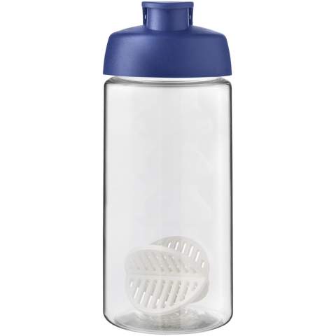 Single-wall sport bottle with shaker ball for the smooth mixing of protein shakes. Features a spill-proof lid with flip closure and finger grip design. Volume capacity is 500 ml. Made in the UK. Packed in a home compostable bag. BPA-free.
