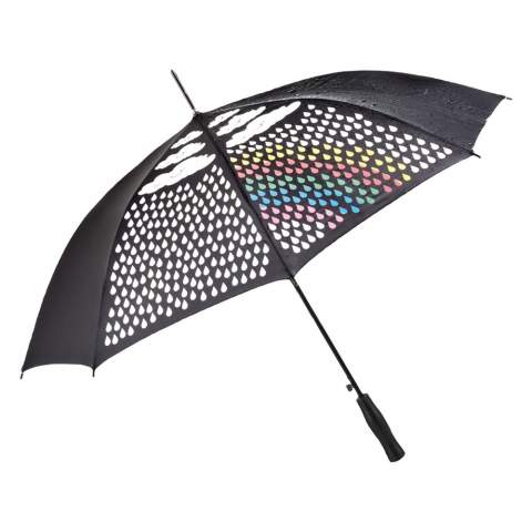 Automatic regular umbrella with colourful "wow" effect Convenient automatic function for quick opening, windproof features for higher flexibility and stability in windy conditions, flexible fibreglass ribs, cover with special imprint on two panels, white rain cloud motif is visible in dry condition, coloured rainbow-motif becomes visible in wet conditions, dull black handle with promotional labelling option, higher corrosion protection due to galvanized steel shaft, awarded with marke(ding) Award 2012. Also available as mini umbrella (art. 5042C).