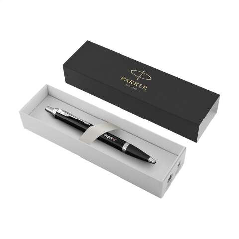Blue ink ballpoint pen by Parker with a sleek, tapered shape and exclusive design. The brass barrel, combined with a black plastic front section and high-gloss stainless steel accents, creates an elegant appearance. With the iconic arrow clip. The pen is fitted with a Parker refill for a smooth writing experience. Ideal as a personal gift and perfect for daily use. Supplied in a Parker gift box. Made in Europe. Packed individually.