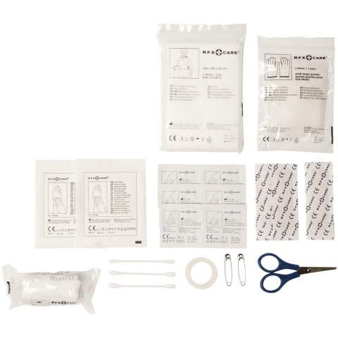 Strong and durable tarpaulin waterproof bag with 30 pieces of first aid supplies. The kit contains a pair of scissors (9 cm), 1 elastic bandage (4 metre x 6 cm), 2 dry swabs (5x5 cm), 6 skin cleansing swabs, 1 triangular bandage (136x96x96 cm), 1 adhesive tape (1.25 cm x 5 metre), 1 pair of gloves (5.5 g), 3 cotton pins (8 cm), 2 safety pins (3.6 cm), and 12 plasters (7.2x1.9 cm). The roll-top closure with plastic buckle ensures that the content is kept dry and safe. Great for watersport and other outdoor activities. First aid kits will help you to perform a simple wound treatment in order to reduce the secondary injuries. A first aid kit is regarded as a medical device and is governed by 93/42/EEC, based on the intended use: “diagnosis, prevention, monitoring, treatment or alleviation of disease”. This medical device belong to CLASS I, Is.