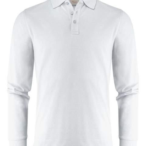 Polo piqué met lange mouwen, tricotkraag en zijsplitten. Drieknoopsluiting. Aan de binnenzijde van de linkerzijnaad werd een zakje voorzien voor het innaaien van een waschip. Oeko-Tex 100 gecertificeerd.