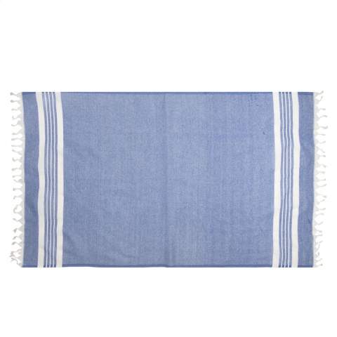 A multifunctional hammam towel from Oxious. Made from 50% Oekotex certified cotton and 50% recycled industrial textile waste (140 g/m²). Promo is a wonderfully soft and stylish cloth with a white stripe pattern. Beautiful as a shawl, dress on the couch, luxurious (hammam) cloth or towel. The cloth is handmade.  These beautiful, soft cloths are made by local women in a small village in Turkey. They work there in a social context, with room for growth and development. The cloths are handmade with love and care for the environment. Pure enjoyment can begin with a product from the Oxious collection. Optional: Each item supplied in a kraft cardboard envelope and/or with a kraft sleeve.
