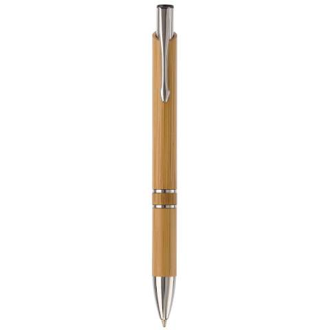 Stylo bille en bambou avec pointe et clip métal. Le stylo est livré avec une cartouche d'encre noire.