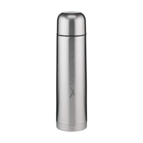 Doppelwandige, vakuumisolierte, rostfreie Edelstahl-Thermoflasche. Unzerbrechlich und unverwüstlich. Der Vakuumraum zwischen den Wänden isoliert den Inhalt und hält Getränke lange Zeit warm oder kalt. Mit Schraubdeckel/Trinkbecher und handlichem Schanksystem mit Druckverschluss. Tropfsicher. Nicht spülmaschinengeeignet. Fassungsvermögen 1000 ml. Wird einzeln in einem Kraftkarton geliefert.