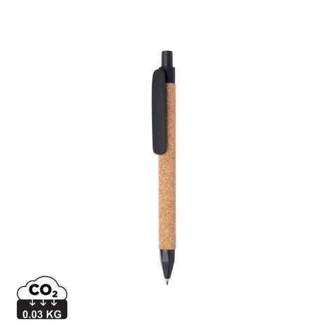 Stylo à bille recyclé en fibre de paille de blé et en liège. Encre bleue Dokumental® de fabrication allemande pour +/- 1200m d’écriture et bille en carbure de tungstène assurant une écriture régulière.