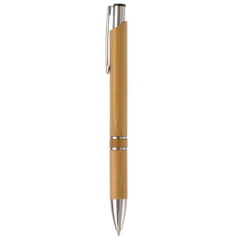 Stylo bille en bambou avec pointe et clip métal. Le stylo est livré avec une cartouche d'encre noire.