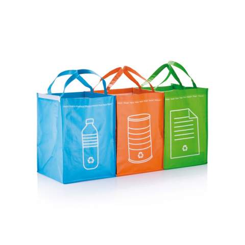 Set bestehend aus 3 PP Taschen zum Trennen von Metall-, Plastik- und Papierabfall, Taschen in grün, blau und orange im Set, wiederverwendbar, unterschiedlich bedruckt.
