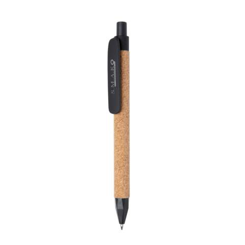 Stylo à bille recyclé en fibre de paille de blé et en liège. Encre bleue Dokumental® de fabrication allemande pour +/- 1200m d’écriture et bille en carbure de tungstène assurant une écriture régulière.