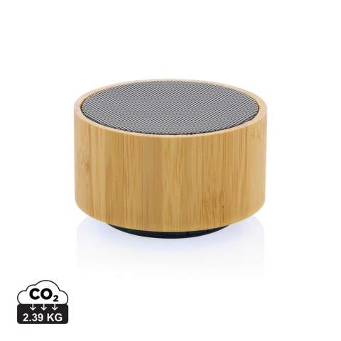 Draadloze luidspreker van 3W gemaakt met FSC® 100% bamboe behuizing en RCS (Recycled Claim Standard) gecertificeerd gerecycled ABS. Totaal gerecycled materiaal: 16% op basis van het totale gewicht van het item. RCS-certificering zorgt voor een volledig gecertificeerde toeleveringsketen van de gerecyclede materialen. De speaker heeft een geïntegreerd lampje aan de onderkant. De speaker is uitgerust met een 300 mAh batterij om tot 3 uur speeltijd te garanderen en BT4.1 voor een vlotte verbinding en helder geluid. Bereik tot 10 meter. Met microfoon om oproepen te beantwoorden. Verpakt in FSC mix FSC® doos. Inclusief RCS gecertificeerde gerecyclede TPE laadkabel. Artikel en accessoires 100% PVC-vrij.<br /><br />HasBluetooth: True<br />NumberOfSpeakers: 1<br />SpeakerOutputW: 3.00<br />PVC free: true