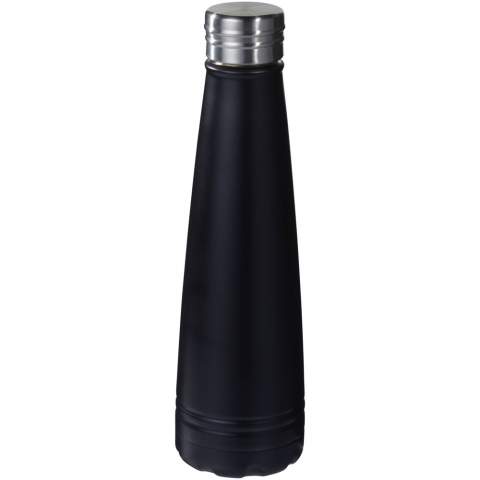 The Duke Bottle is double wall 18/8 grade stainless steel with vacuum insulation. The inner wall is plated with copper for ultimate conductivity to keep drinks hot for 12 hours and cold for 48 hours. Volume capacity is 500 ml. Presented in an Avenue gift box.