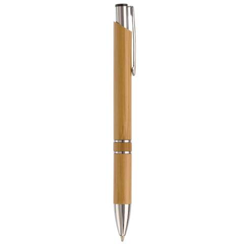 Stylo bille en bambou avec pointe et clip métal. Le stylo est livré avec une cartouche d'encre noire.