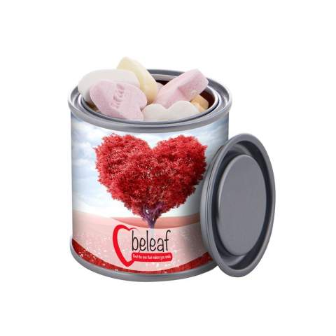 Small paint can with full colour printed wrapper and filled with approx. 83 gram fruit hearts