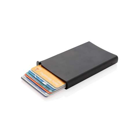 This solid aluminium cardholder is the ideal way to carry and protect your personal cards: credit cards, driver's license, debit cards and other cards. Fits up to 6 embossed cards or 10 cards. The easy side slider will push the cards up gradually.