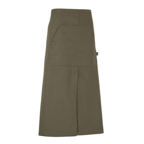 Lange heupschort met tailleband. Voorzak in het midden opgesplitst. Lange slit<br />midden voor voor comfort. Decoratiestiksels in kleur van keperstof, denimschort<br />heeft gele stiksels.