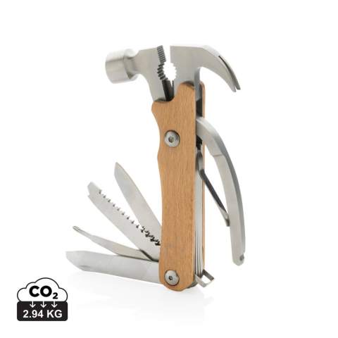 Marteau multi-outils en bois de hêtre FSC®100% et en acier inoxydable (420) de haute dureté et résistant à la corrosion, dureté Rockwell 42-52. 10 fonctions : pince, griffe à clous, marteau, coupe-fil, lime, tournevis plat, décapsuleur, tournevis cruciforme, scie, couteau. Le couteau est compatible avec les aliments et peut donc être utilisé pour la nourriture. Emballé dans une boîte kraft FSC® mix.<br /><br />PVC free: true