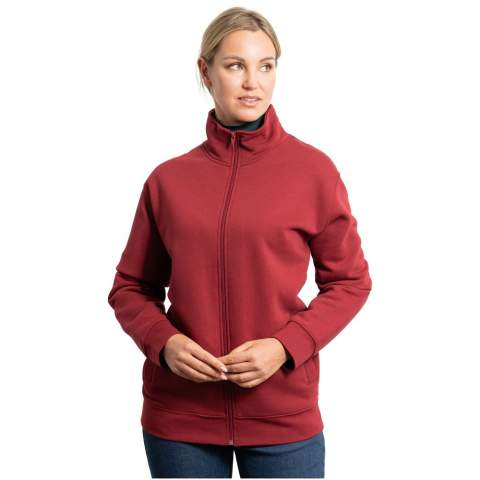 High collar sweater with matching zip. Matching inner collar with reinforced covered seams. 1x1 ribbed fabric in cuffs and waist. Removable label. The male model is 185 cm and is wearing size L, and the female model is 168 cm and is wearing size S.