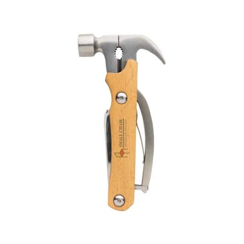 Marteau multi-outils en bois de hêtre FSC®100% et en acier inoxydable (420) de haute dureté et résistant à la corrosion, dureté Rockwell 42-52. 10 fonctions : pince, griffe à clous, marteau, coupe-fil, lime, tournevis plat, décapsuleur, tournevis cruciforme, scie, couteau. Le couteau est compatible avec les aliments et peut donc être utilisé pour la nourriture. Emballé dans une boîte kraft FSC® mix.<br /><br />PVC free: true