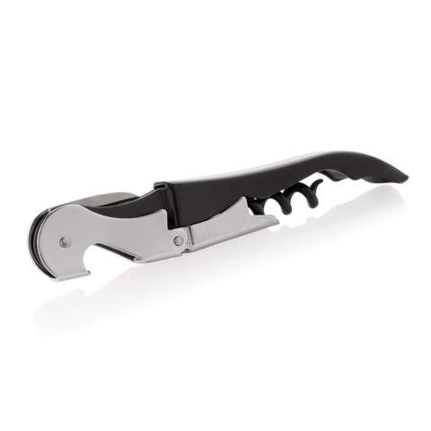 This waiters corkscrew is a classic corkscrew design that has a foil cutter blade, a two stage cork lifter and bottle opener. Packed in gift box.
