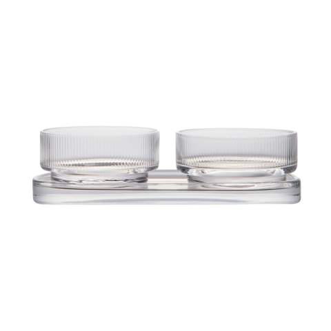 A tapas set with timeless design and classic, clean lines. Perfect for any occasion where you want to serve small dishes, snacks, or other sides with style and elegance. The set includes two bowls and a tray, which can be used together or separately. Made from soda-lime glass. The bowls hold 250 ml. Dishwasher safe.