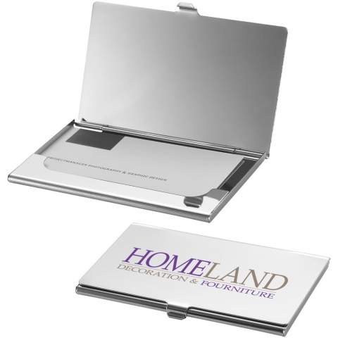 Stainless steel business card holder with mirror finishing. Holds approximately 10 business cards.