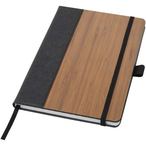 A5 notitieboek met bamboe omslag en rug van gebonden leer. Bevat 80 vellen, 80 g/m2 gelinieerd gerecycled papier en een zwarte penlus, elastische band en een lintmarker.
