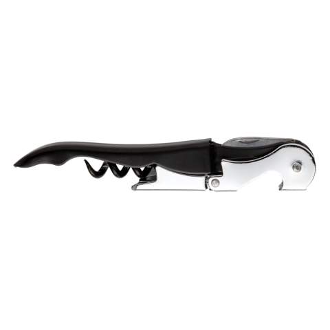 This waiters corkscrew is a classic corkscrew design that has a foil cutter blade, a two stage cork lifter and bottle opener. Packed in gift box.
