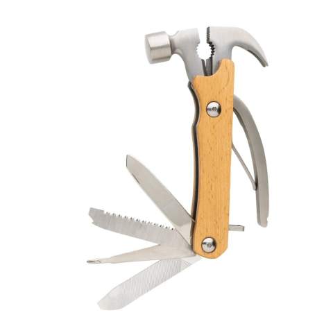 Marteau multi-outils en bois de hêtre FSC®100% et en acier inoxydable (420) de haute dureté et résistant à la corrosion, dureté Rockwell 42-52. 10 fonctions : pince, griffe à clous, marteau, coupe-fil, lime, tournevis plat, décapsuleur, tournevis cruciforme, scie, couteau. Le couteau est compatible avec les aliments et peut donc être utilisé pour la nourriture. Emballé dans une boîte kraft FSC® mix.<br /><br />PVC free: true