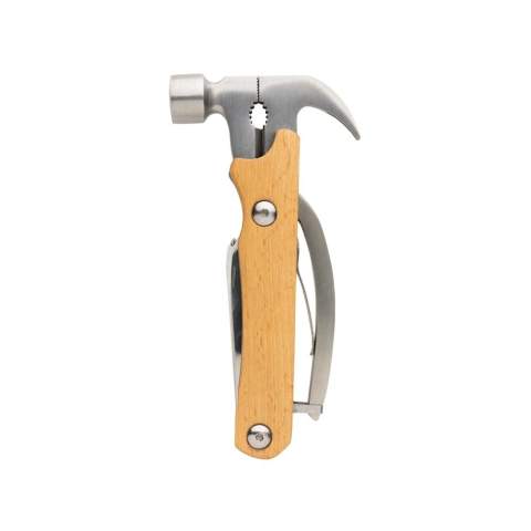 Marteau multi-outils en bois de hêtre FSC®100% et en acier inoxydable (420) de haute dureté et résistant à la corrosion, dureté Rockwell 42-52. 10 fonctions : pince, griffe à clous, marteau, coupe-fil, lime, tournevis plat, décapsuleur, tournevis cruciforme, scie, couteau. Le couteau est compatible avec les aliments et peut donc être utilisé pour la nourriture. Emballé dans une boîte kraft FSC® mix.<br /><br />PVC free: true