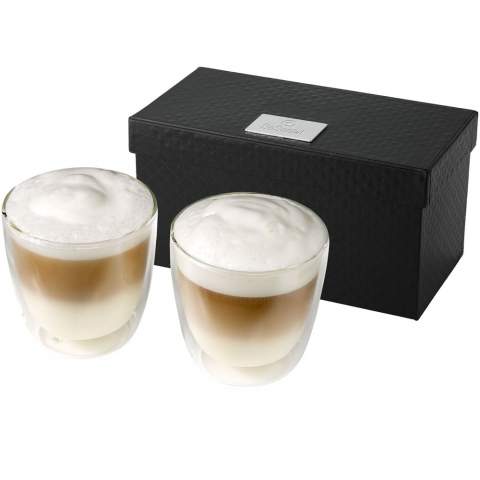 Dubbelwandige koffiemokken van 200 ml. De set wordt geleverd in een luxe geschenkverpakking met logoplaatje.