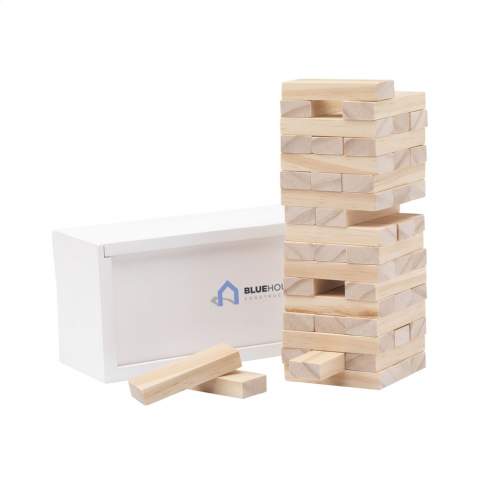 Houten stapelspel (48 blokjes). Afm. toren 15,5 x 6 x 6 cm. De blokken van dit gezelschapsspel zijn gemakkelijk op te bergen in de witte, houten box met schuifopening. Inclusief spelregels. Per stuk in kraft doos.