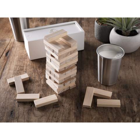 Houten stapelspel (48 blokjes). Afm. toren 15,5 x 6 x 6 cm. De blokken van dit gezelschapsspel zijn gemakkelijk op te bergen in de witte, houten box met schuifopening. Inclusief spelregels. Per stuk in kraft doos.
