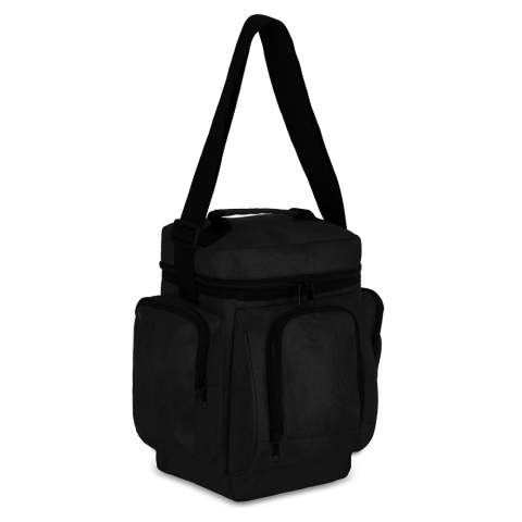 This lunch cooler bag is made from recycled PET in durable 600D material and has a PEVA lining for insulation. It has two zippered side pockets and a zippered front pocket for additional storage space. The adjustable shoulder strap and top carry handle make it easy to carry.