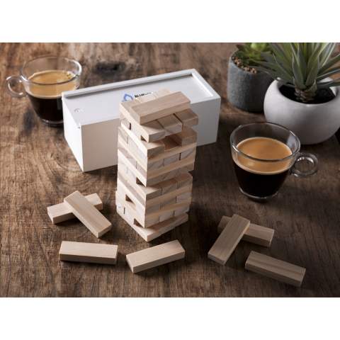 Wooden stacking game (48 blocks). Tower dimensions 16.5 x 6 x 6 cm. Presented with a white, wooden box with sliding opening for easy storage. Incl. instructions. Each item is supplied in an individual brown cardboard box.
