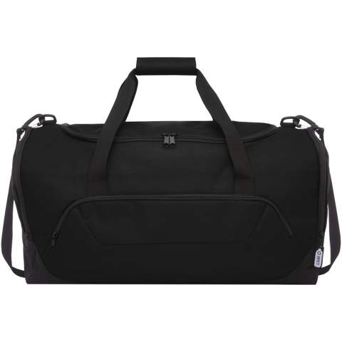 Durable duffel bag made out of 100% recycled, post-consumer plastic which contributes to the reduction of plastic waste. Features large main compartment and front zipper pocket, padded shoulder strap, and padded handles. Approximately 27 bottles are recycled to make this bag.