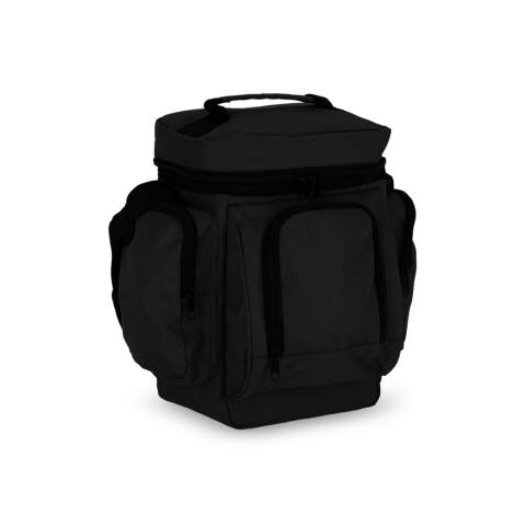 This lunch cooler bag is made from recycled PET in durable 600D material and has a PEVA lining for insulation. It has two zippered side pockets and a zippered front pocket for additional storage space. The adjustable shoulder strap and top carry handle make it easy to carry.