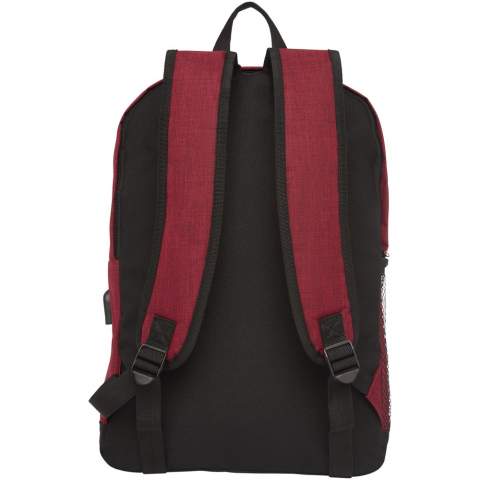 Laptop backpack designed with heathered colour effect in the front panel and black colour in the bottom part and back panel. Features a large zippered main compartment with a padded 15.6" laptop sleeve and a front zippered compartment for quick access to mobile devices. Comes with USB port including USB-A cable with 1 male and 1 female connector. Convenient padded shoulder straps, grab handle, and a mesh water bottle pocket. There may be minor variations in the colour of the actual product due to the nature of the fabric dyes, weaves, and printing.