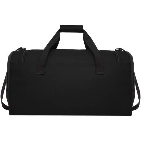 Durable duffel bag made out of 100% recycled, post-consumer plastic which contributes to the reduction of plastic waste. Features large main compartment and front zipper pocket, padded shoulder strap, and padded handles. Approximately 27 bottles are recycled to make this bag.