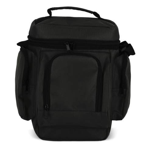 This lunch cooler bag is made from recycled PET in durable 600D material and has a PEVA lining for insulation. It has two zippered side pockets and a zippered front pocket for additional storage space. The adjustable shoulder strap and top carry handle make it easy to carry.