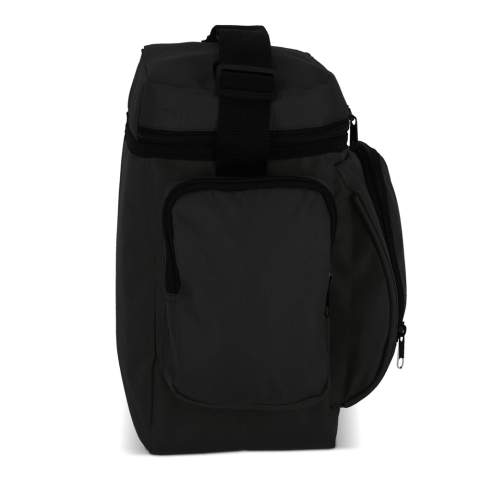 This lunch cooler bag is made from recycled PET in durable 600D material and has a PEVA lining for insulation. It has two zippered side pockets and a zippered front pocket for additional storage space. The adjustable shoulder strap and top carry handle make it easy to carry.