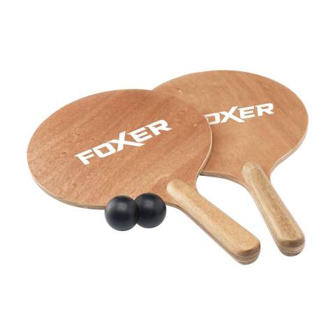 WoW! Luxury sports-themed beach tennis set. This set consists of 2 wooden rackets and 2 rubber balls. The rackets are made from MDF wood with a poplar wood finish. This is a fun activity for two players at the beach, in the park or at a campsite. This set is supplied with a handy cotton storage bag.